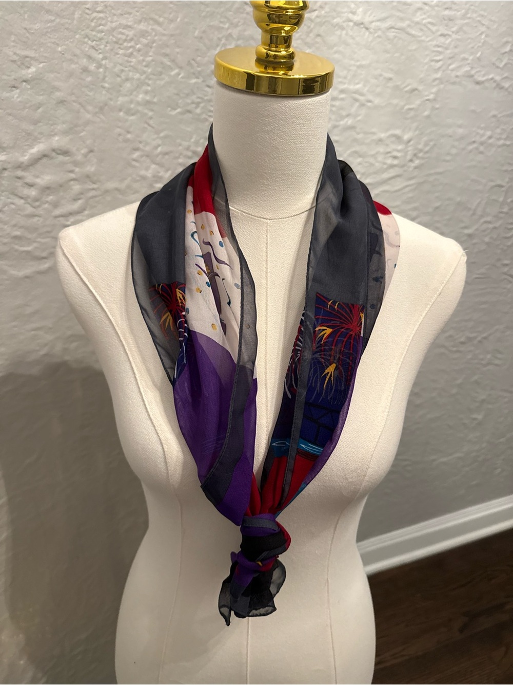 Silk-Feel Multicolor Scarf with Purple and Black Accents